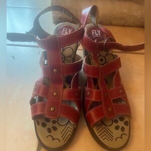 Fly London red leather heeled sandals